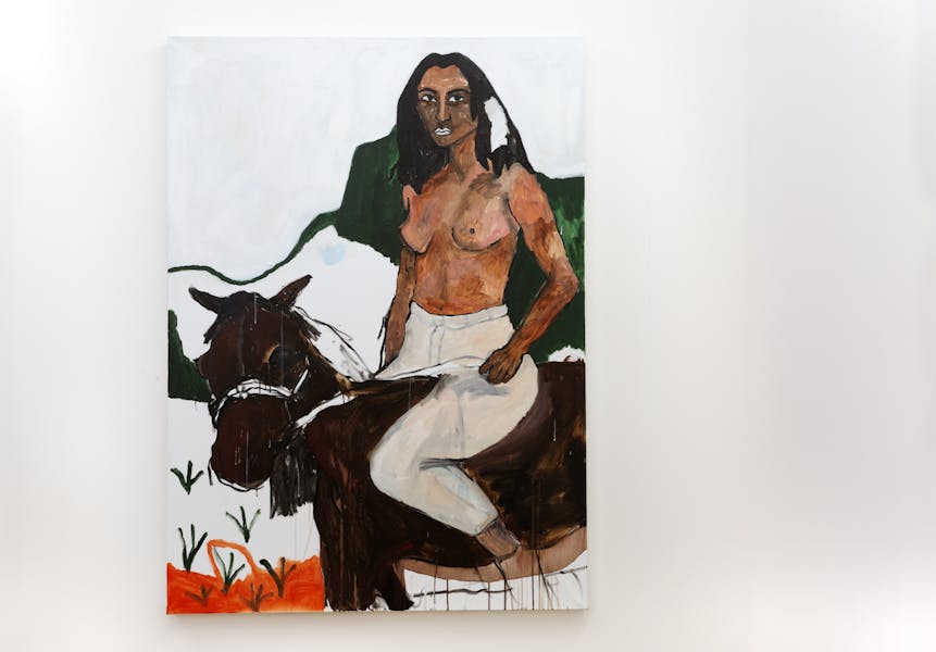 Shirley Villavicencio Pizango, Tame the Horse Ride the Power, 2020. Acrylic on canvas, 165 x 120 cm. Photo Laure Cottin Stefanelli & Manuel Wetscher