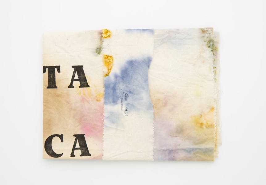 Maud Gourdon, Cata , 109 x 90 cm, Series of 40 eco-prints and woodblock letter prints on textile